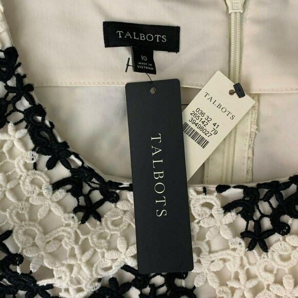 Talbots Crochet Lace Sheath Dress 10 Black Cream Chevron Lined Back Zipper New - Picture 7 of 7